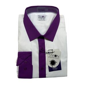 Tayion‎ Slim Fit Dress Shirt Mens 2XL 18-18.5 36/37 White w/Purple Trim NEW